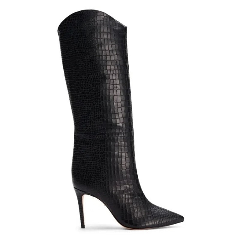 Shutz Maryana Knee High Croc Embossed Stiletto Heel Boots Black 6