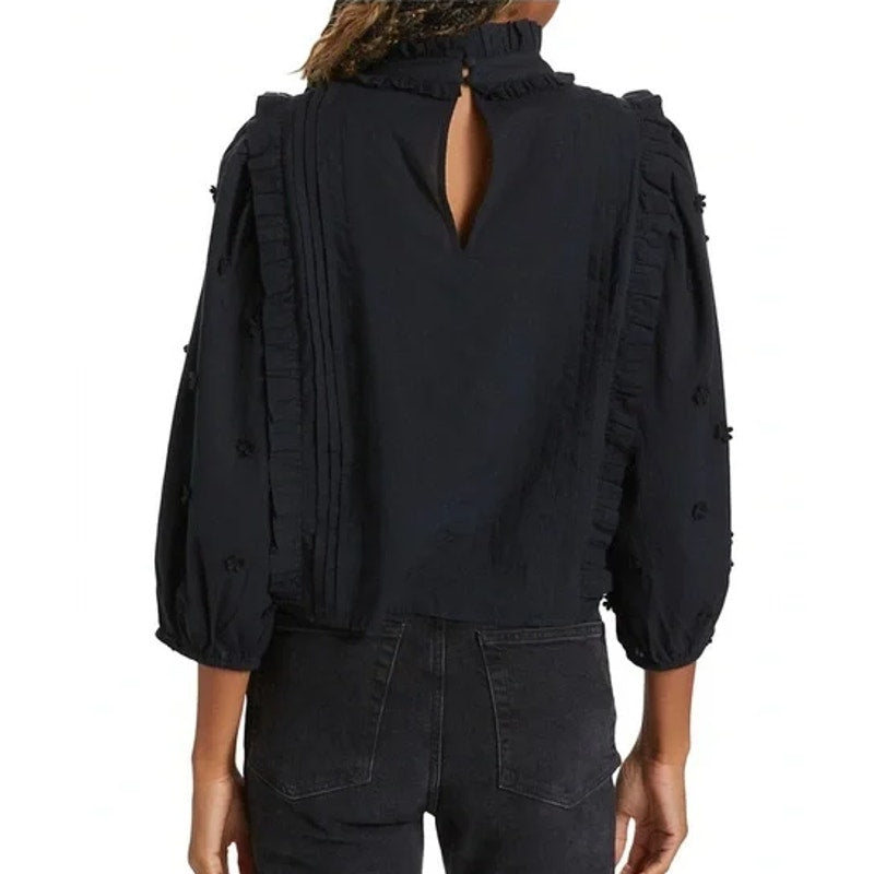 FARM Rio 3D Flower Long Sleeve High Neck Ruffle Blouse Black Large