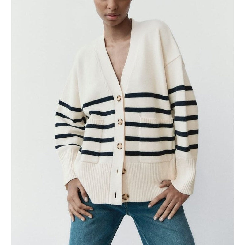 Zara Striped Long Sleeve V-Neck Button Front Cardigan Sweater Cream Navy Small
