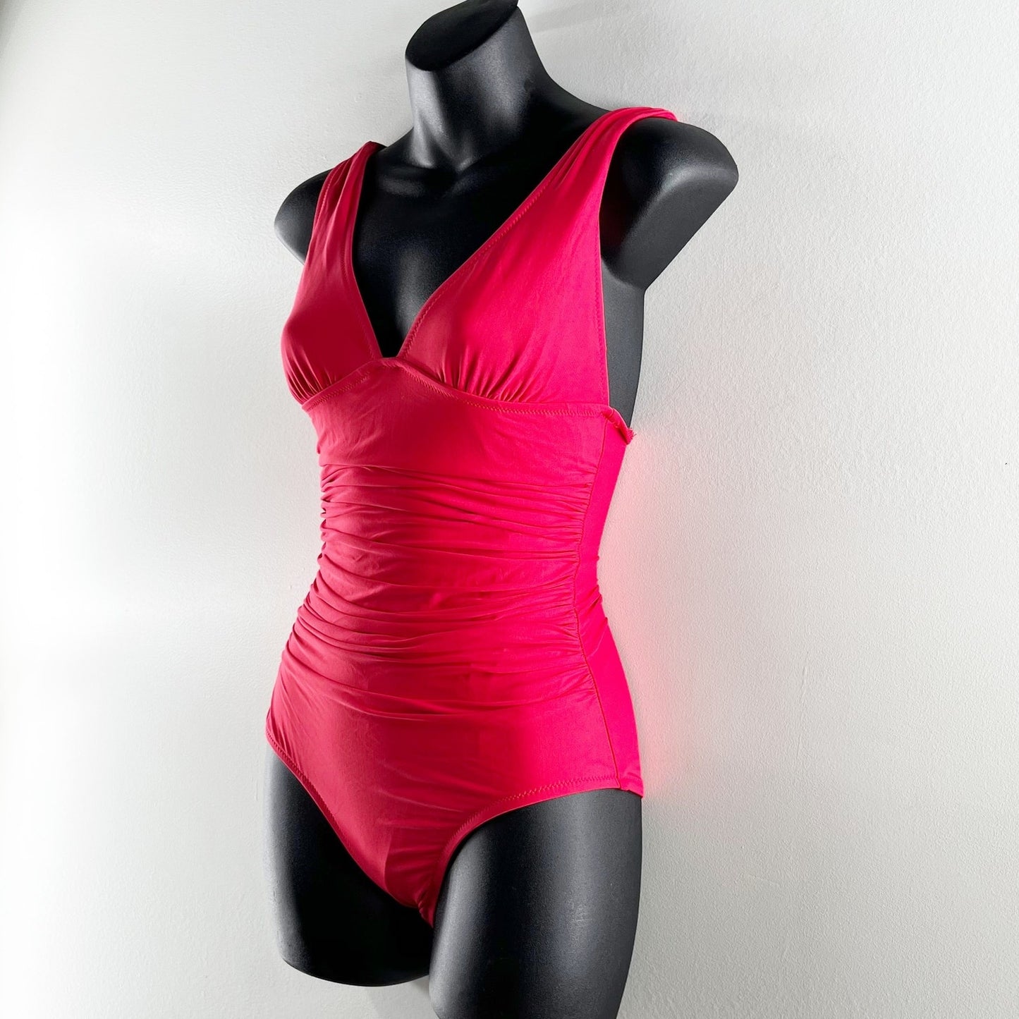 J. Crew V Neck Ruched Femme One Piece Full Coverage Bathing Suit Red Pink 2