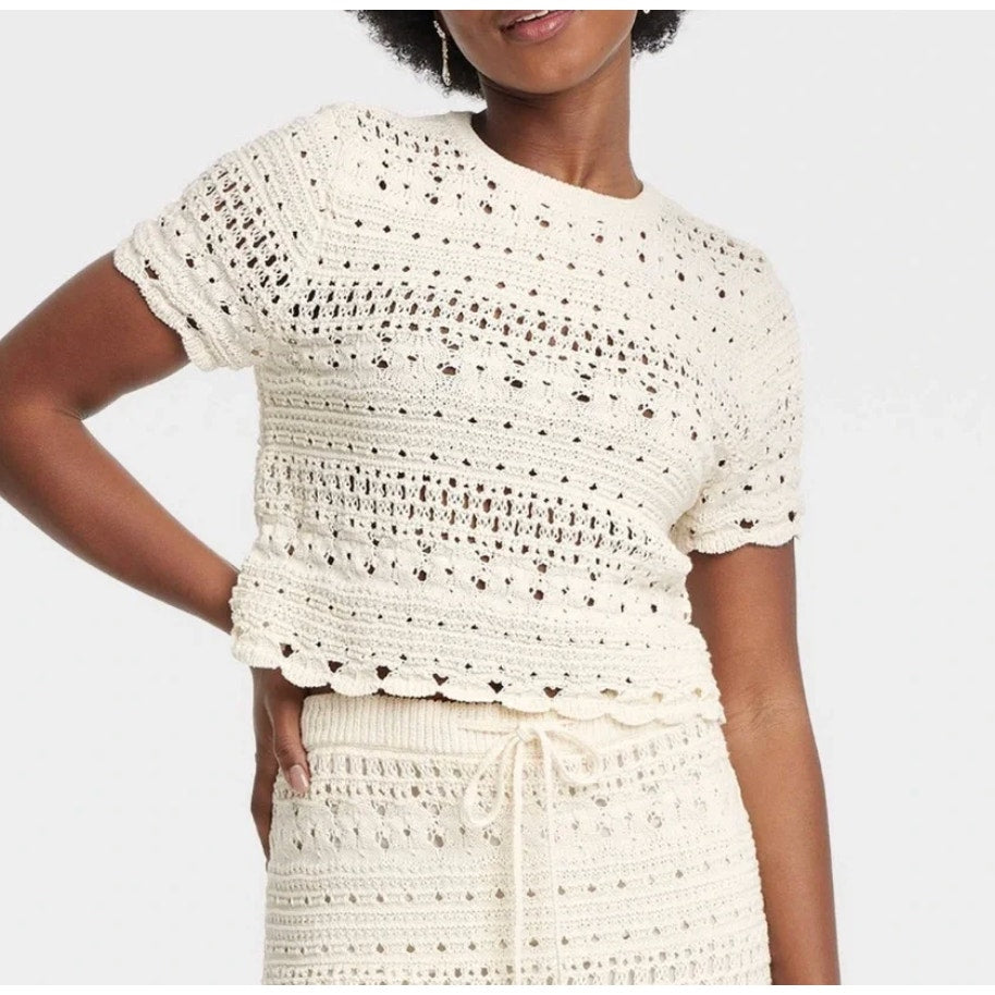 Universal Thread Crewneck Crochet Short Sleeve Sweater Top Cream Large