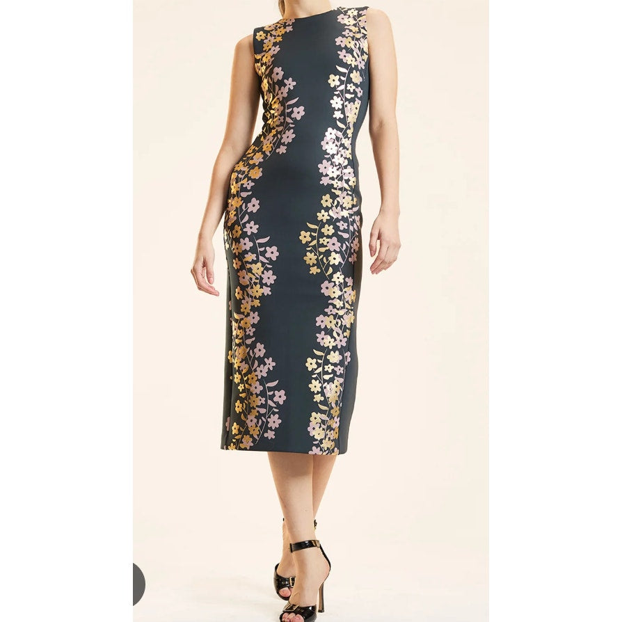Cynthia Rowley Sleeveless Metallic Floral Scuba Midi Sheath Dress Green 6