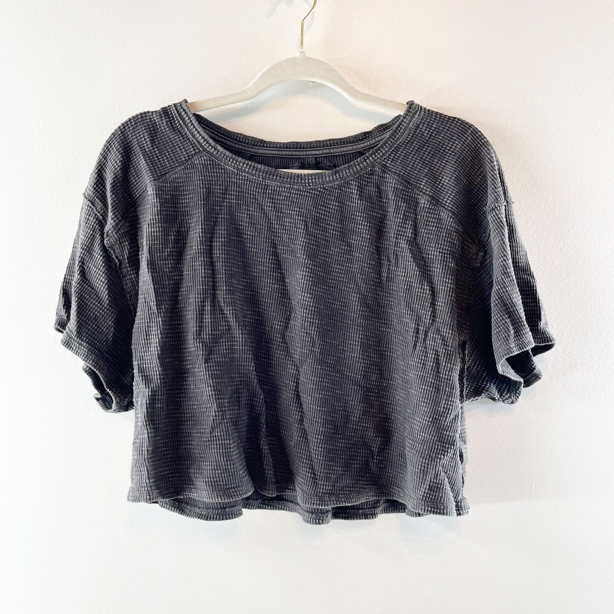 Aerie Cropped Short Sleeve Waffle Thermal Tee Shirt Black Medium