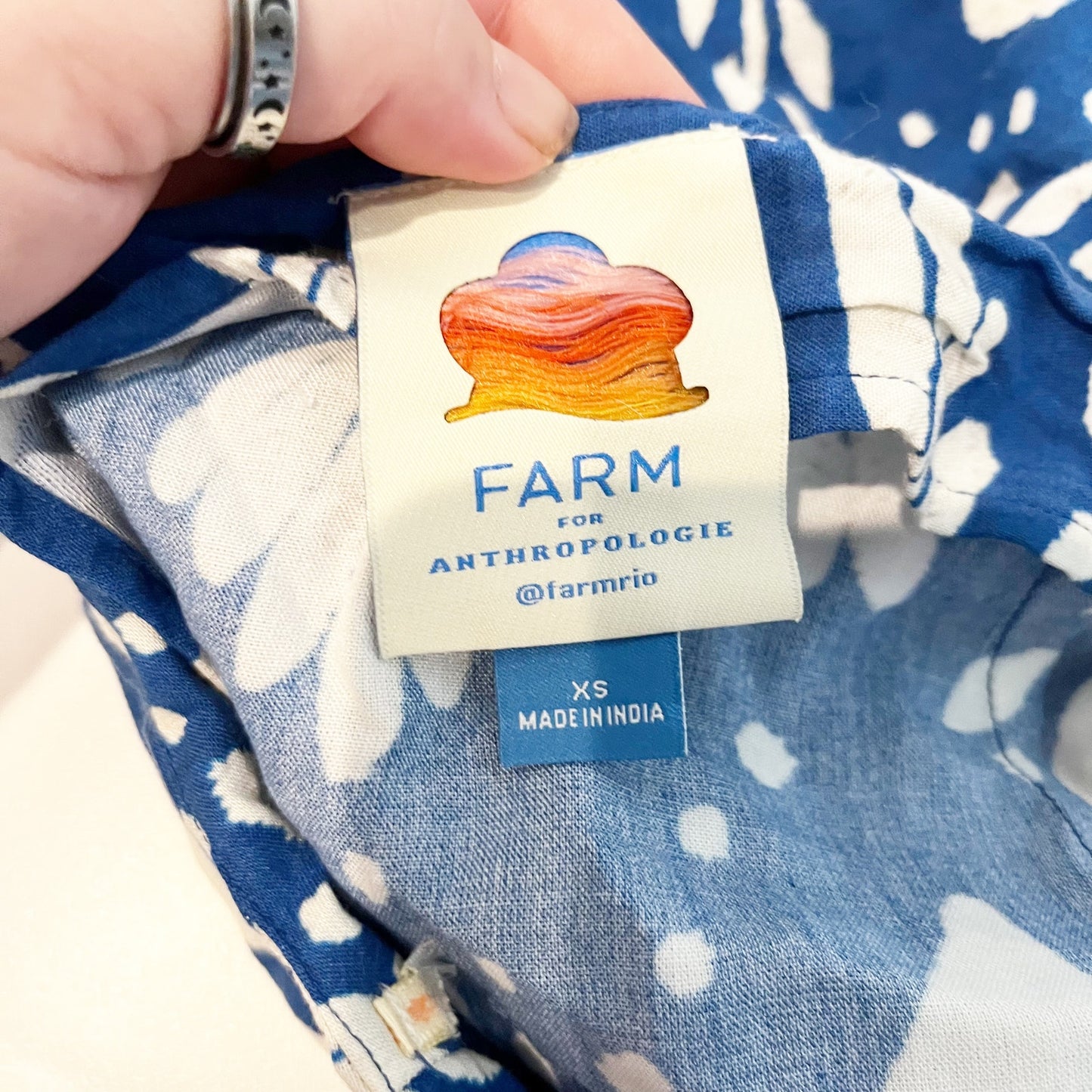 Farm Rio by Anthropologie Side Zip Mid-Rise Satin Slip Midi Skirt Blue White XS