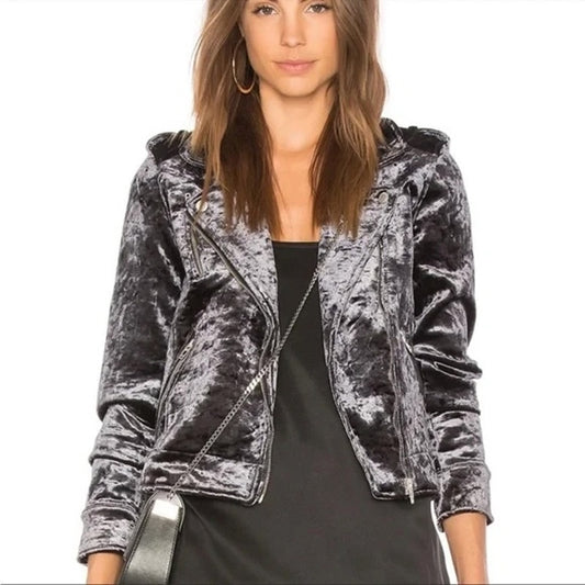 Blank NYC Crushed Velvet Moto Biker Jacket Black Small