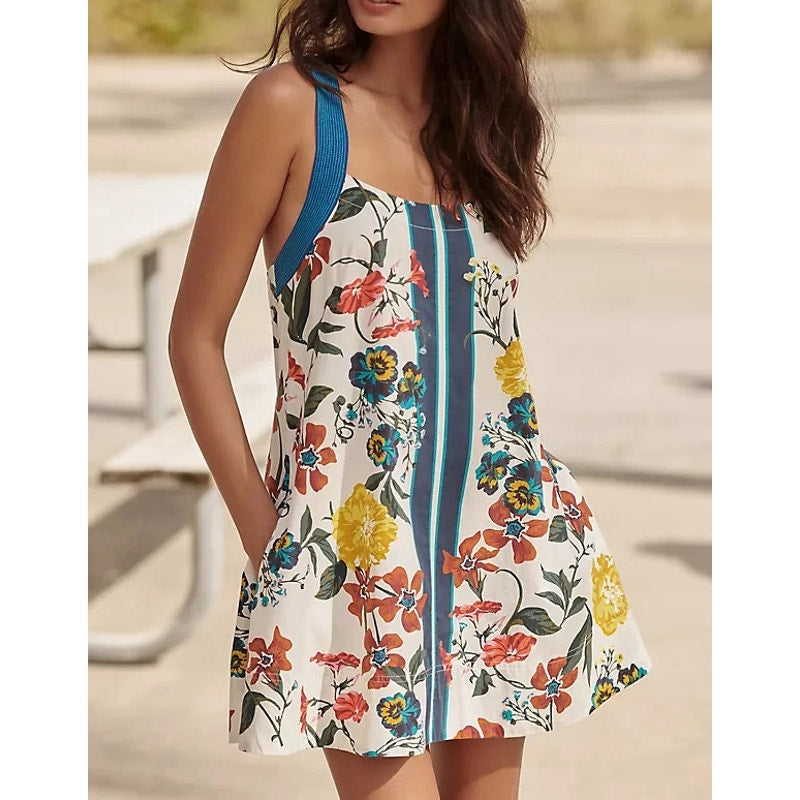 Anthropologie Sleeveless Cross-Back Cotton A-Line Mini Dress White Blue XL