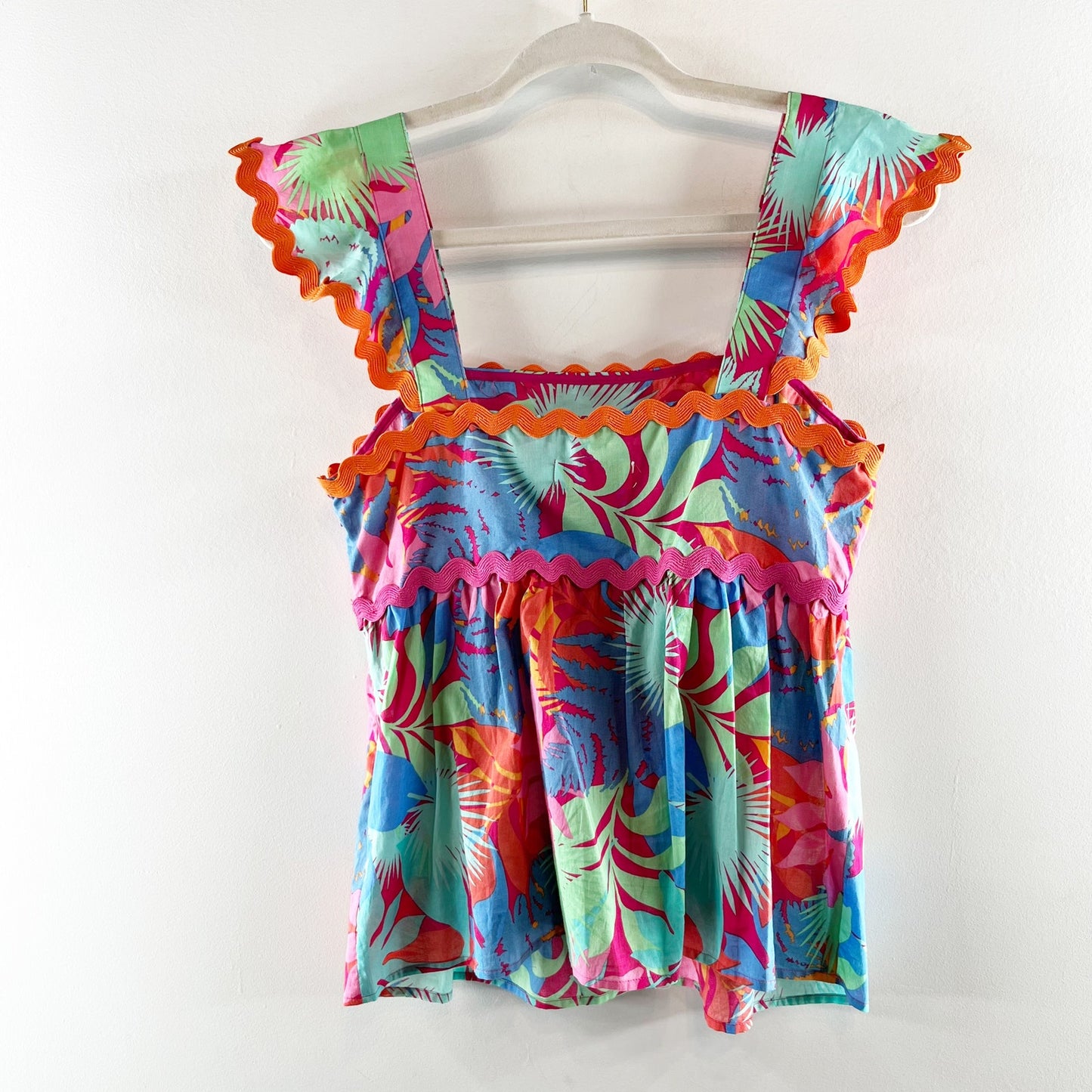 Greylin Skyler Ruffle Scallop Trim Babydoll Square Neck Tropical Top Pink Small