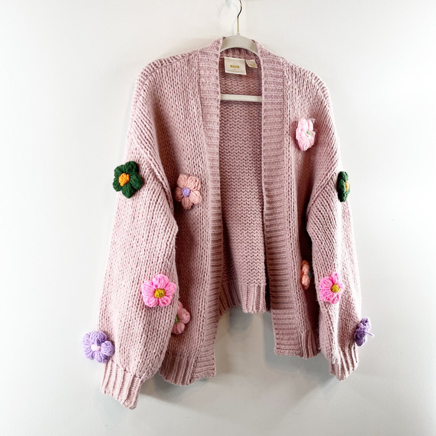 Maeve The Susannah 3D Flower Open Knit Chunky Cardigan Sweater Pink O/S