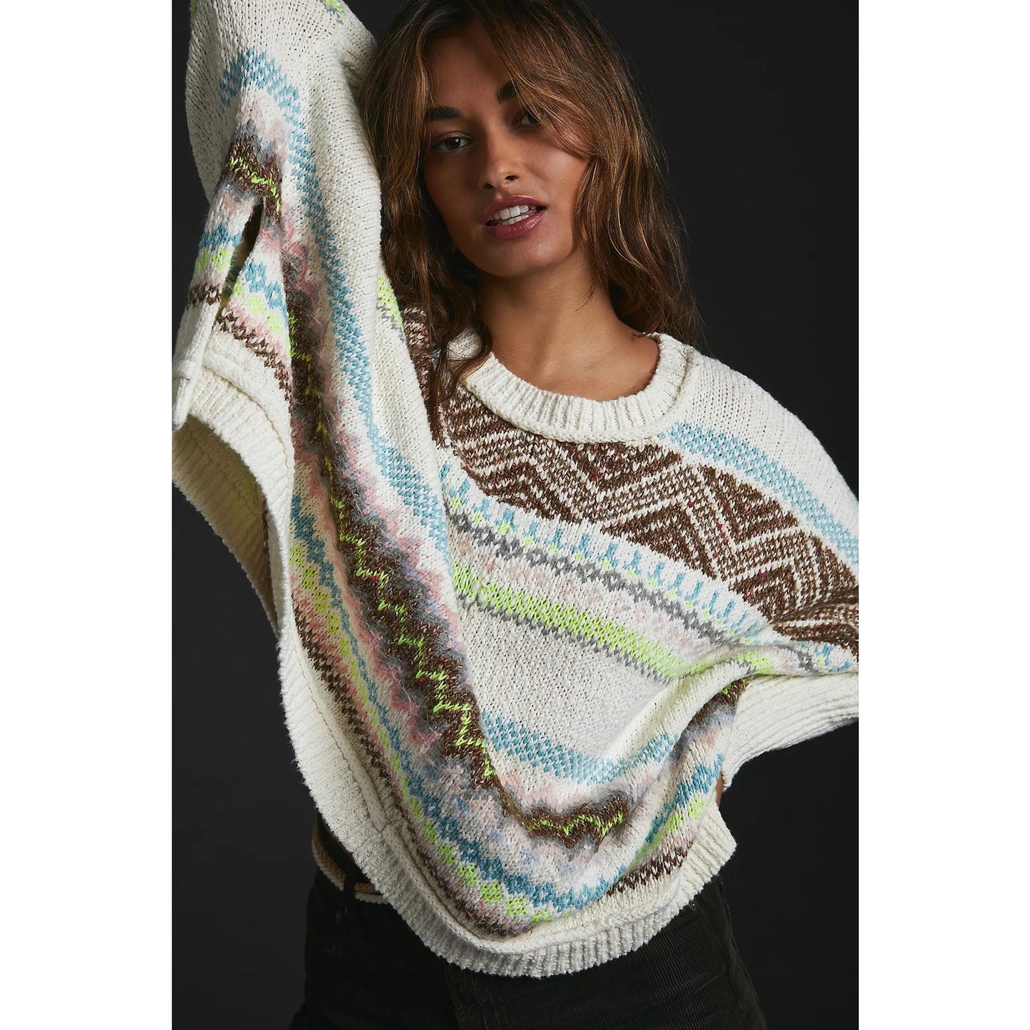 Anthropologie Fair Isle Printed Long Sleeve Crewneck Swing Poncho Sweater White