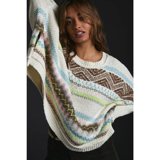 Anthropologie Fair Isle Printed Long Sleeve Crewneck Swing Poncho Sweater White