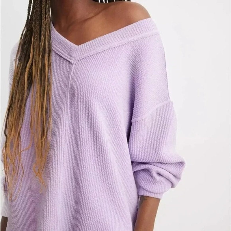 Aerie Wonder Textured Waffle V Neck Oversized Sweatshirt Purple Small