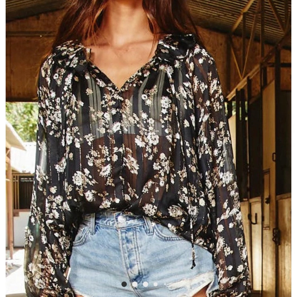 En Saison Long Sleeve Floral Ruffle Blouse Top Black Small