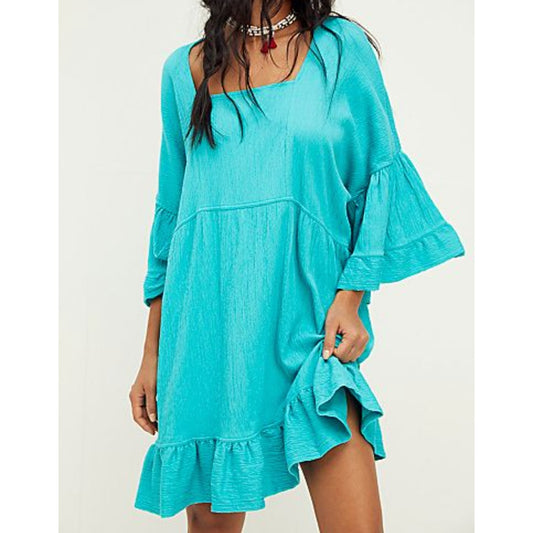 Free People Beach 3/4 Bell Flare Sleeve Babydoll Mini Dress El Mar Turquoise S