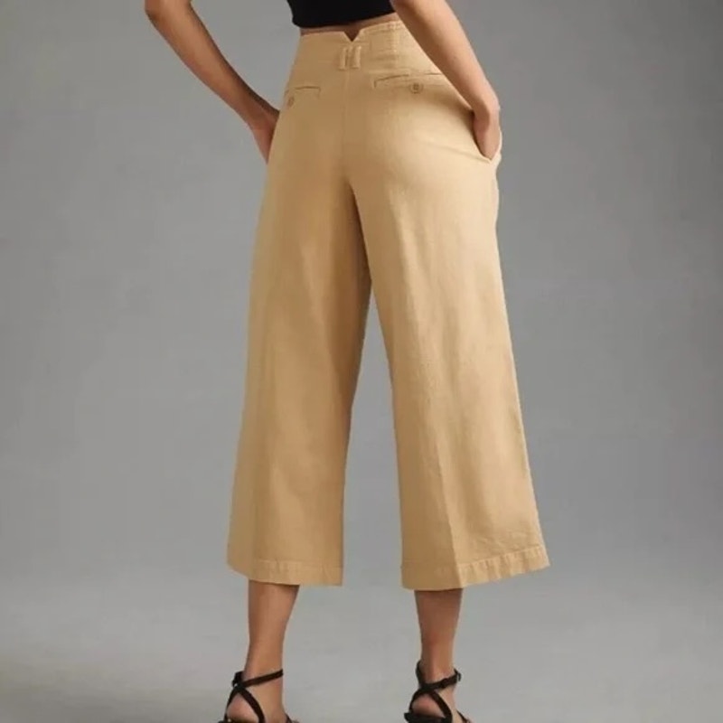 Maeve Anthropologie Remi Pleated High Rise Wide Leg Cropped Pants Tan Khaki 0