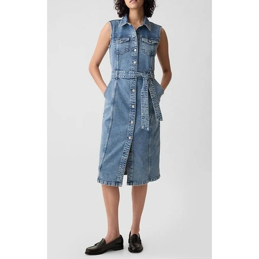 GAP Sleeveless Denim Button Up Midi Dress Jean Blue 2 Petite