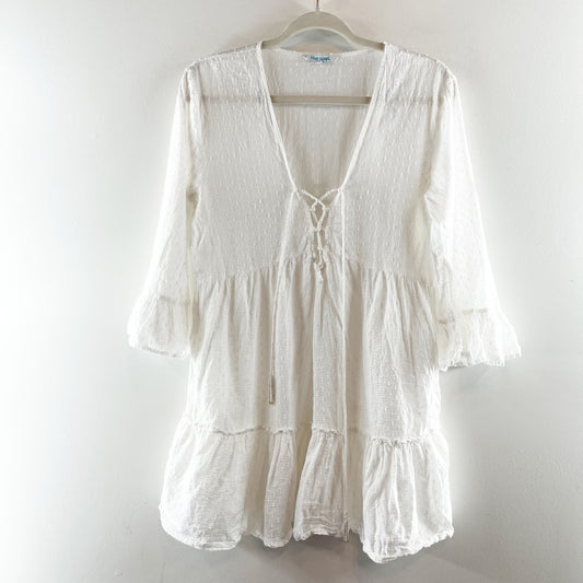 Blue Island Cotton 3/4 Sleeve Ruffle Hem Swim Cover Up White Small