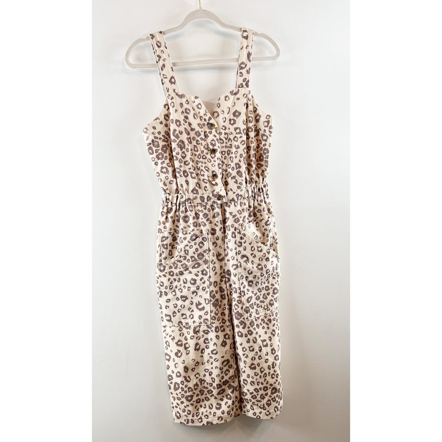Anthropologie Current Air Sweetheart Neckline Piper Utility Jumpsuit Leopard Tan