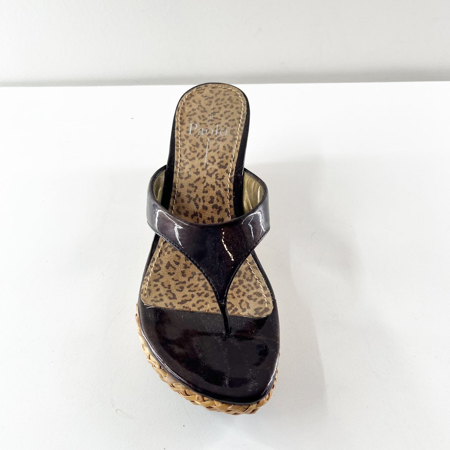 Paolo Dina Patent Leather Slip On Wedge Thong Sandals Loam Brown 8.5