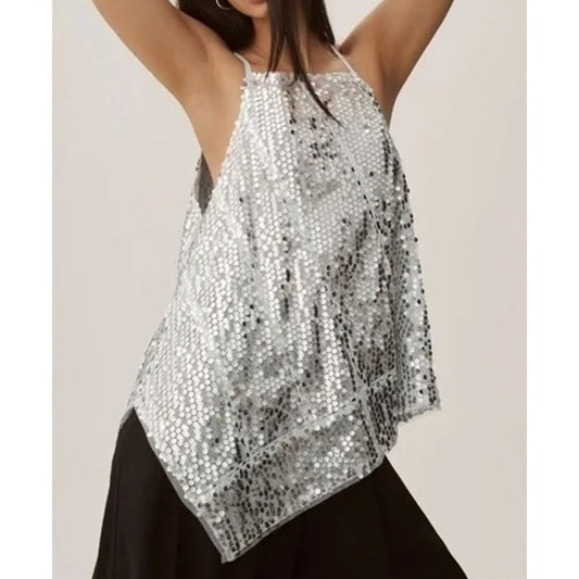 Anthropologie Sequin Square Neck Asymmetrical Hem Tank Top Blue XL