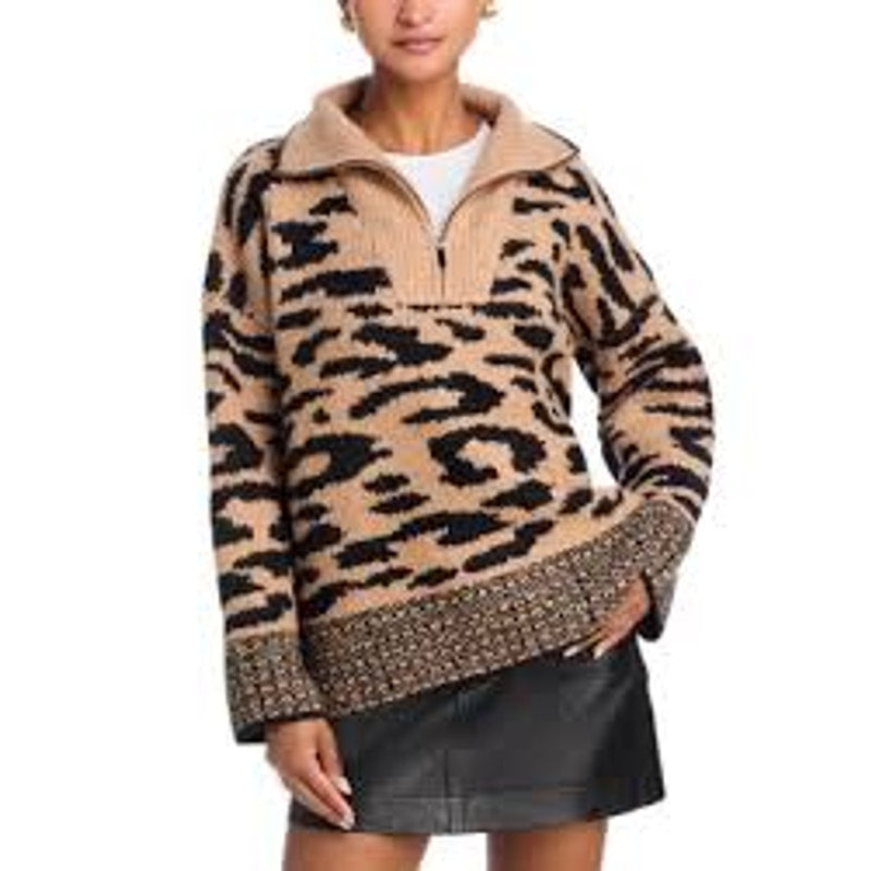 Aqua Half Zip Long Sleeve Pullover Sweater Leopard Print Tan Black Small