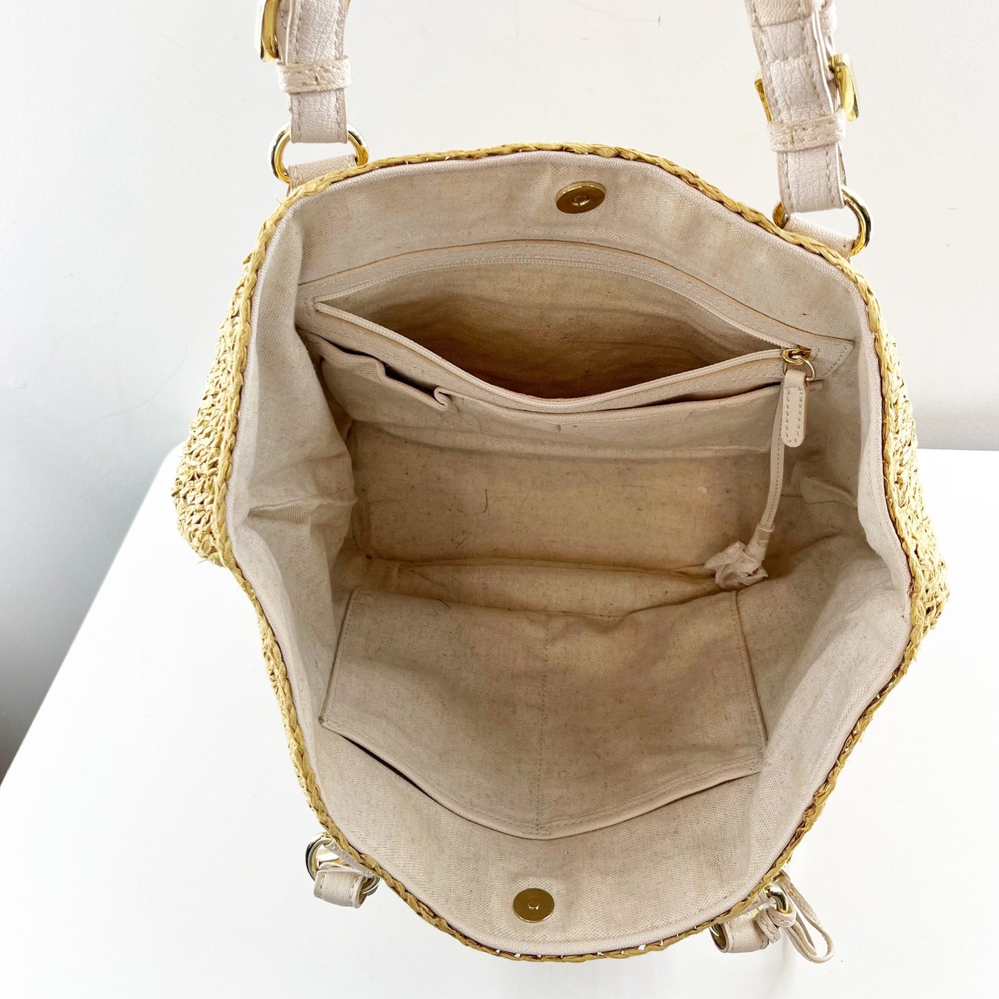 Michael Kors Santorini Straw Raffia Tote Bag Beach Tan White