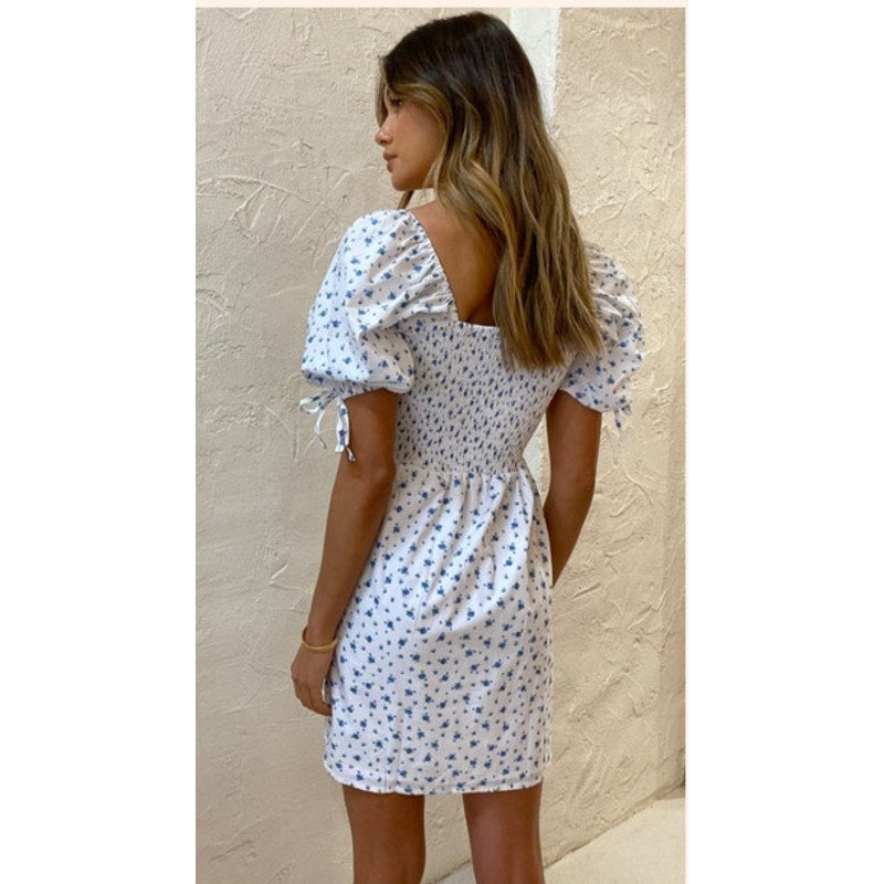 Faithfull The Brand Wendy Smocked Mini Puff Sleeve Floral Dress White Blue XS