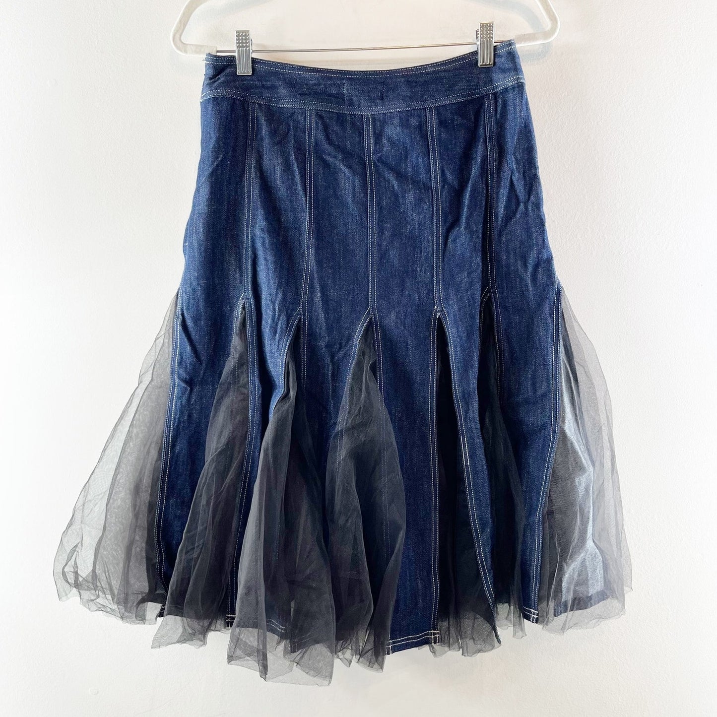 Pilcro Anthropologie Tulle Godet Denim Midi Skirt Blue Black 4