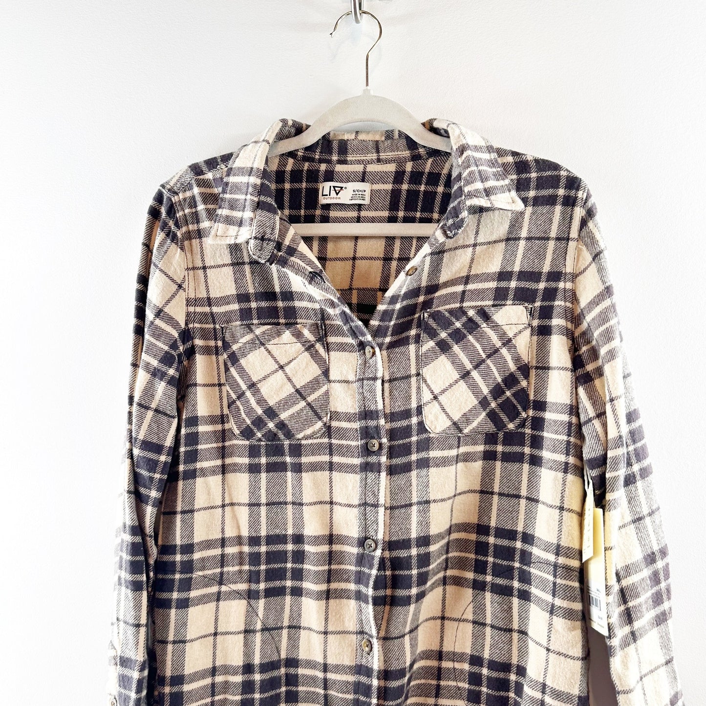 LIV Outdoor Harvest Mid-Weight Flannel Tunic Top Macadamia Plaid Small