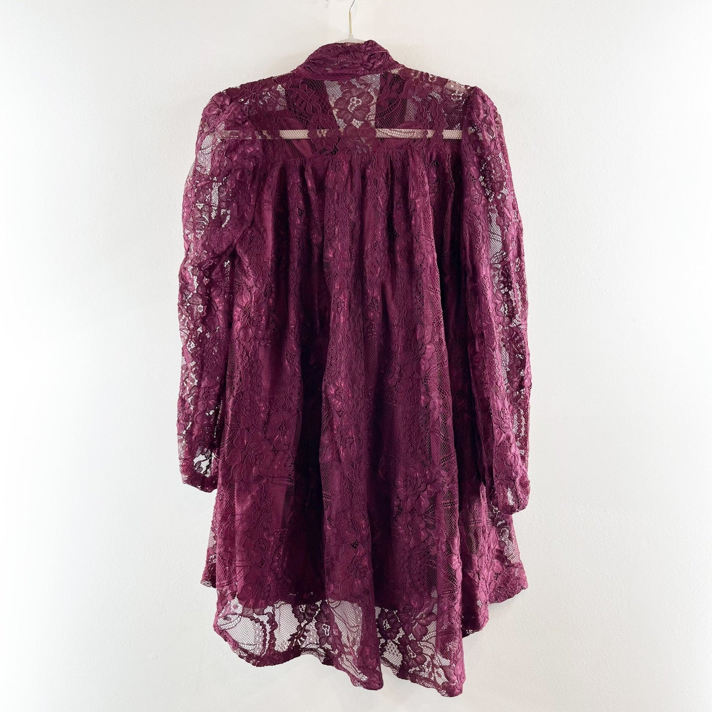 VICI Rather Be Necktie Lace Long Sleeve Tunic Mini Dress Maroon Burgundy Small
