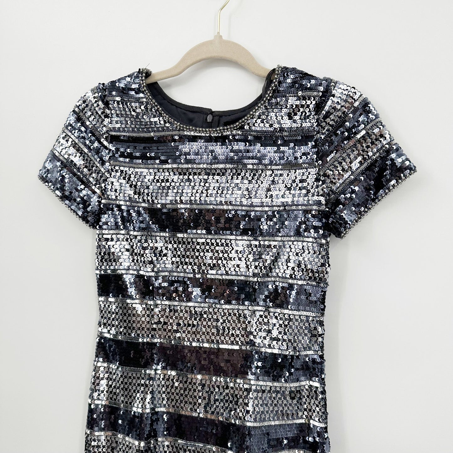 Aidan Mattox Striped Sequin Glitter Mini Cocktail Dress Blue Silver 2