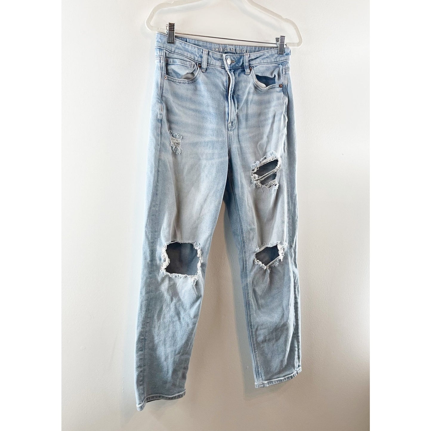 American Eagle Outfitters High Waisted Distressed Mom Straight Jeans Blue 8