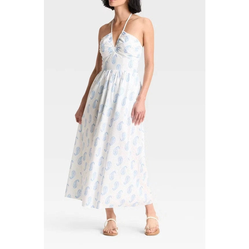 Universal Thread Halter Neck Maxi Dress White Light Blue Paisley Large