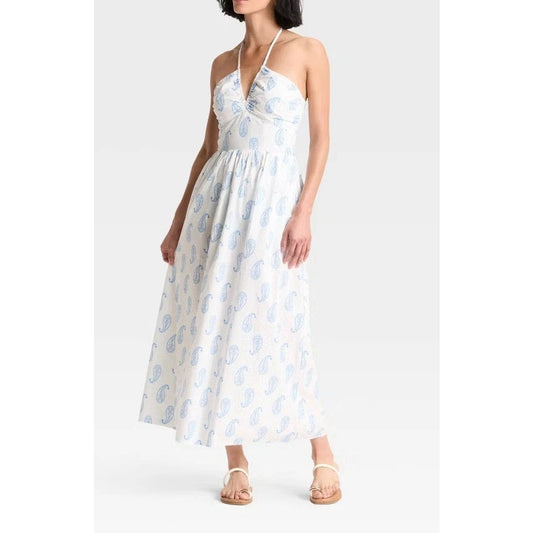 Universal Thread Halter Neck Maxi Dress White Light Blue Paisley Large