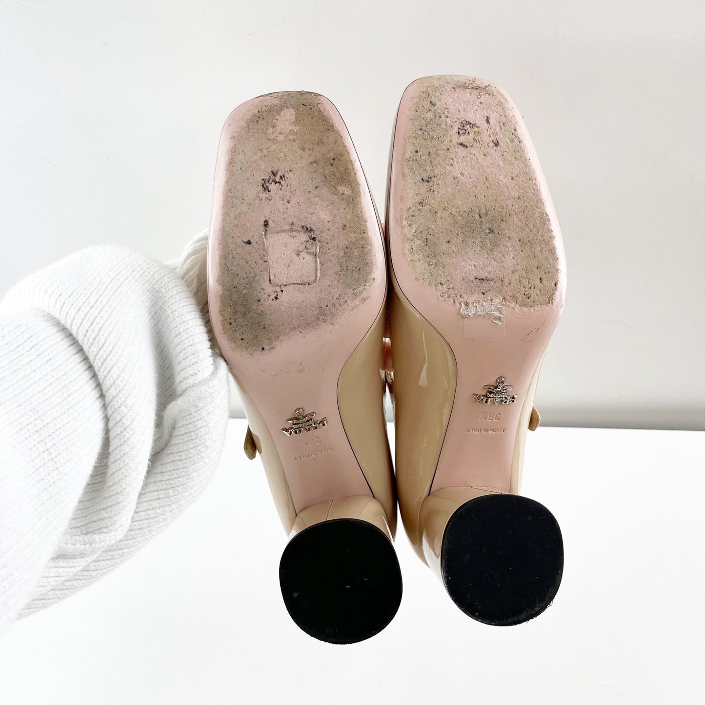 Prada Patent Leather Block Heel Square Toe Mary Jane Pumps Shoes Nude 38.5