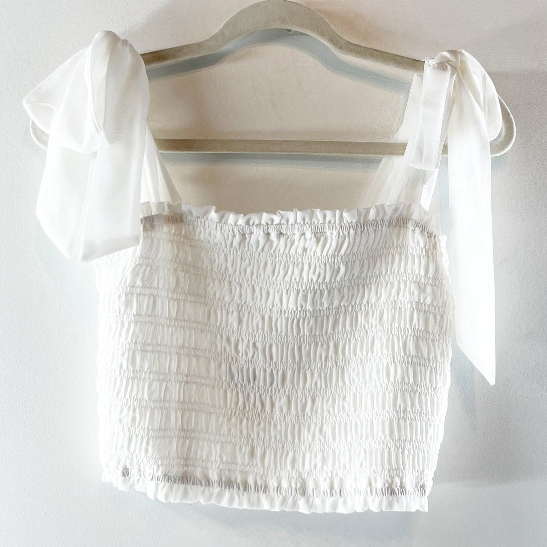 Altar'd State Tie Strap Smocked Cropped Tank Top White Small