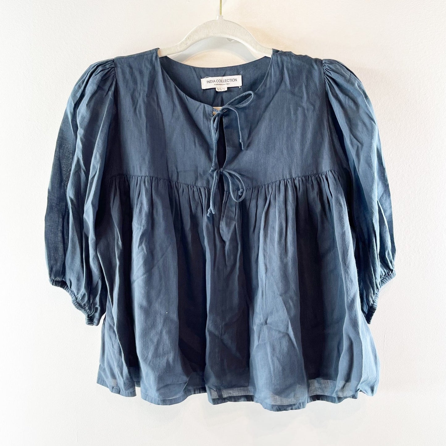 Emerson Fry Isla Puff Short Sleeve Tie Front Boxy Cotton Top Blouse Blue XS/S