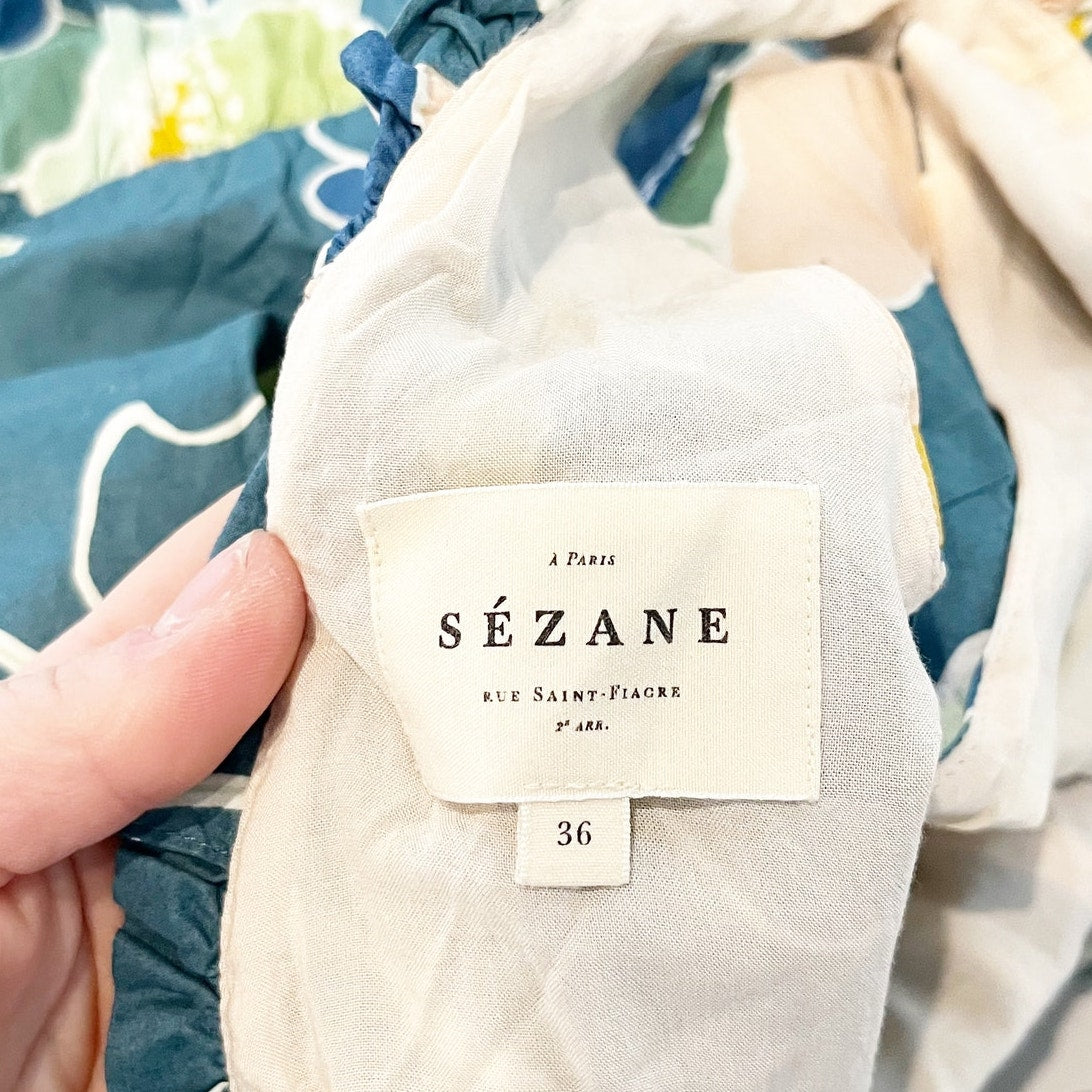 Sezane Alexandra Cotton Sleeveless Floral Mini Dress Green 36 / US 2-4