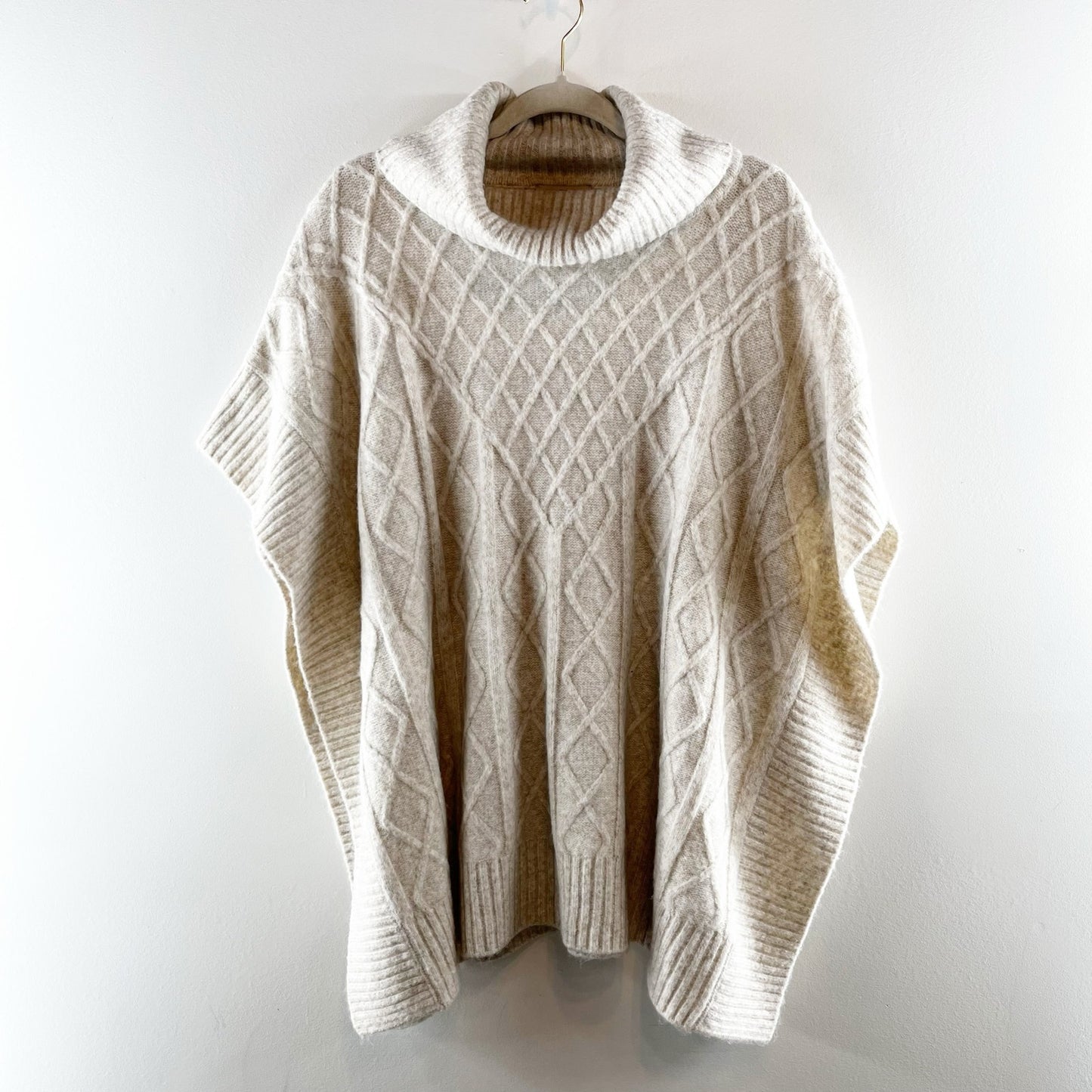 LOFT Cable Knit Short Sleeve Turtleneck Poncho Sweater Beige Cream XS / S