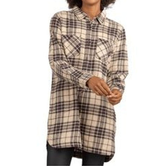 LIV Outdoor Harvest Mid-Weight Flannel Tunic Top Macadamia Plaid Small