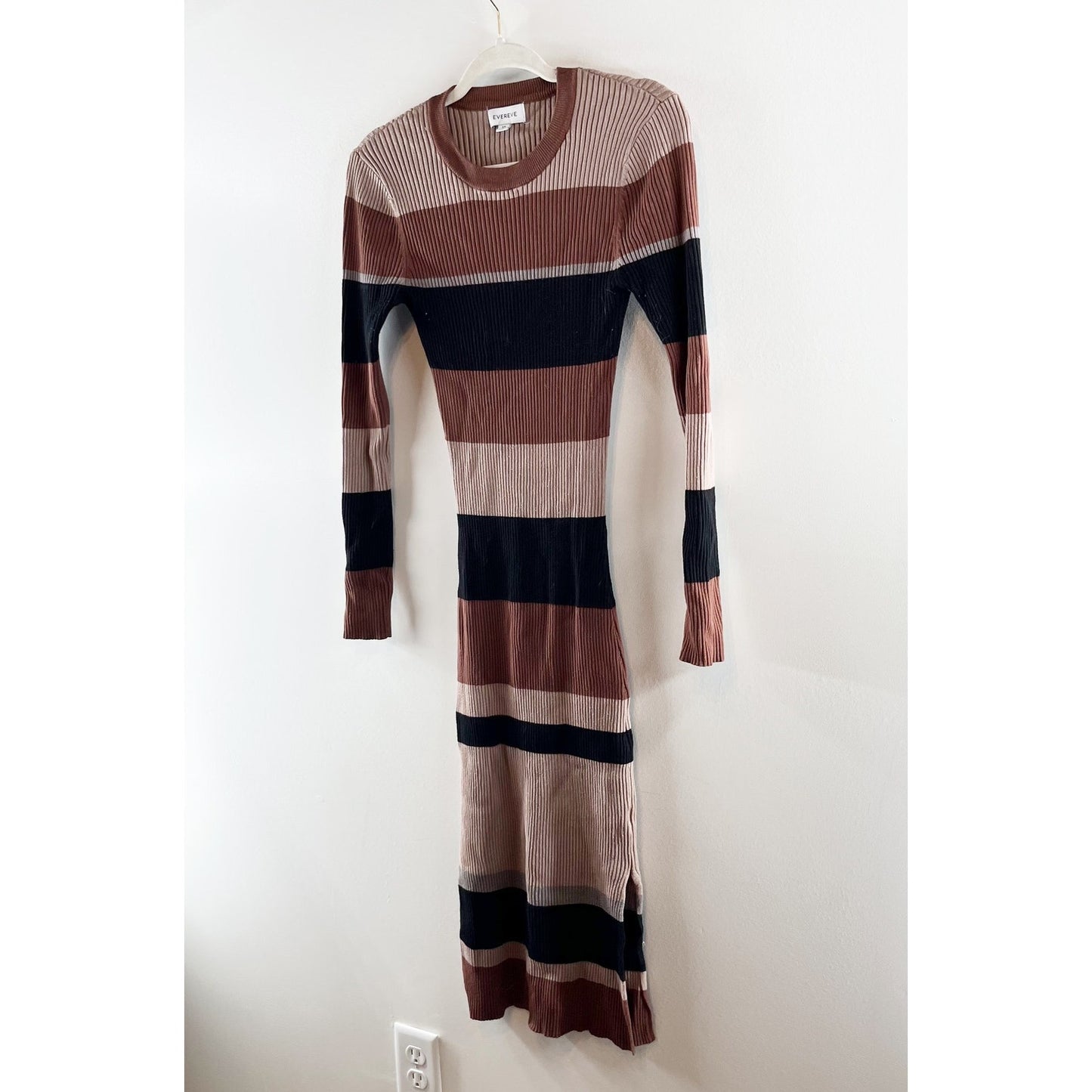 Evereve Ribbed Long Sleeve Striped Sweater Midi Dress Brown XS