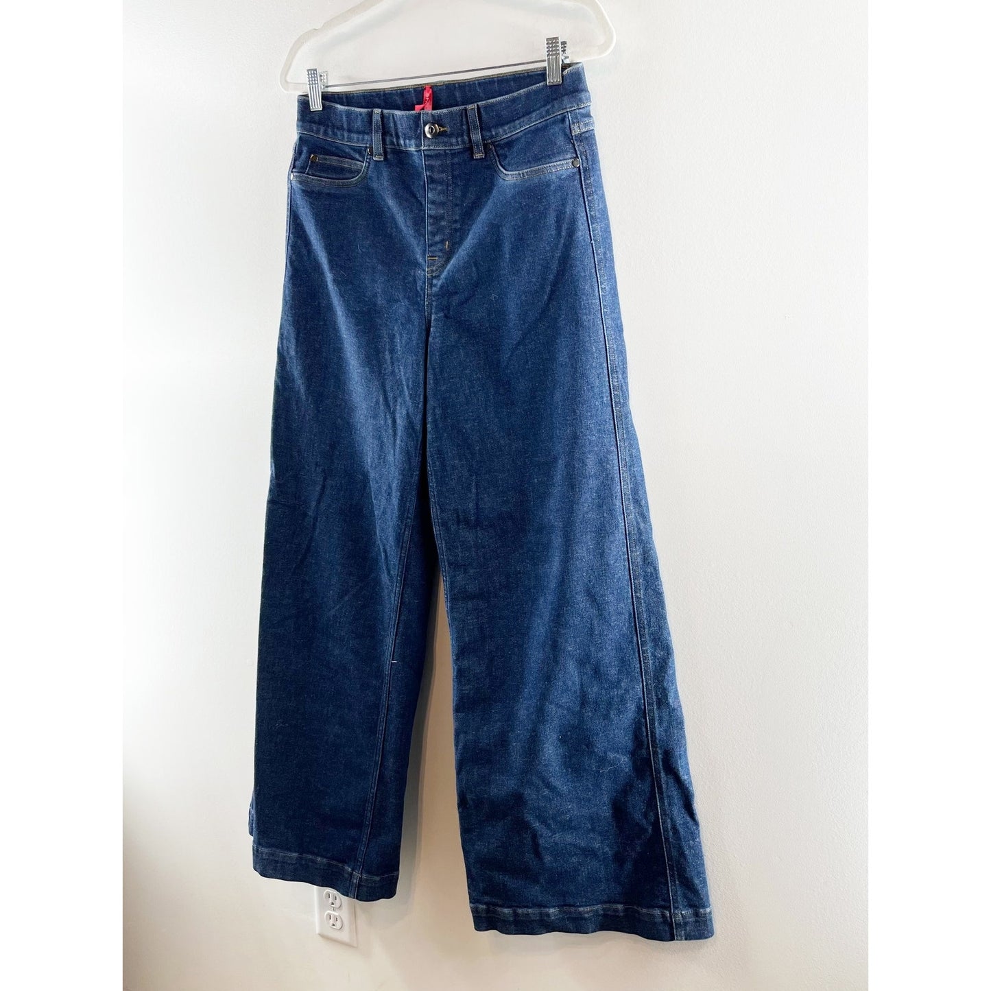Spanx High Rise Pull On Wide Leg Jeans in Raw Indigo Blue Large