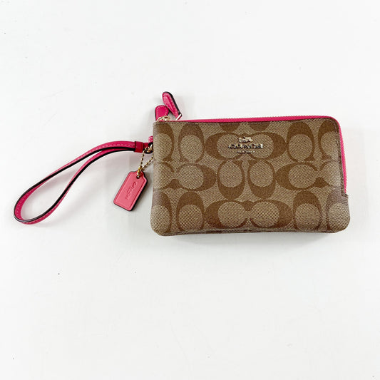 Coach Canvas Signature C Double Zip Around Wallet Wristlet Brown Pink