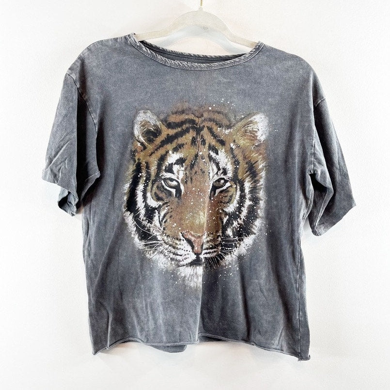 Caution To The Wind Cotton Mineral Wash Tiger Graphic Cropped T-Shirt Gray Small