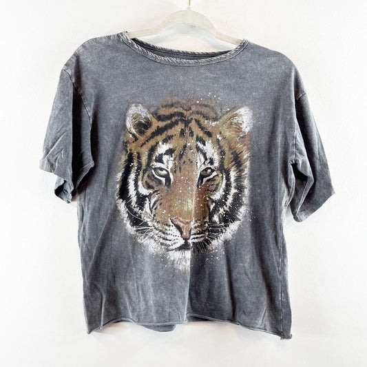 Caution To The Wind Cotton Mineral Wash Tiger Graphic Cropped T-Shirt Gray Small