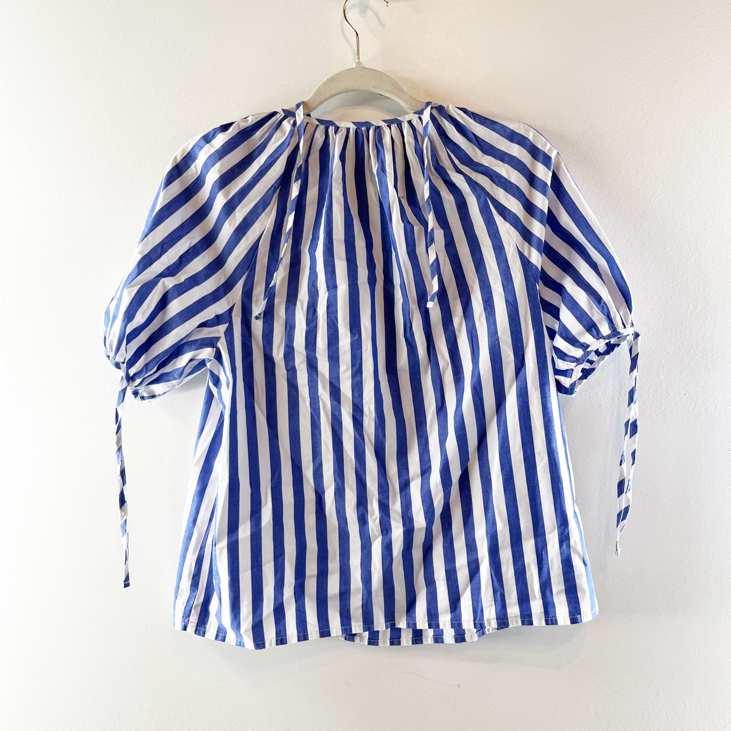 J. Crew Striped Button-Front Top with Tie Sleeves Brilliant Blue White Small