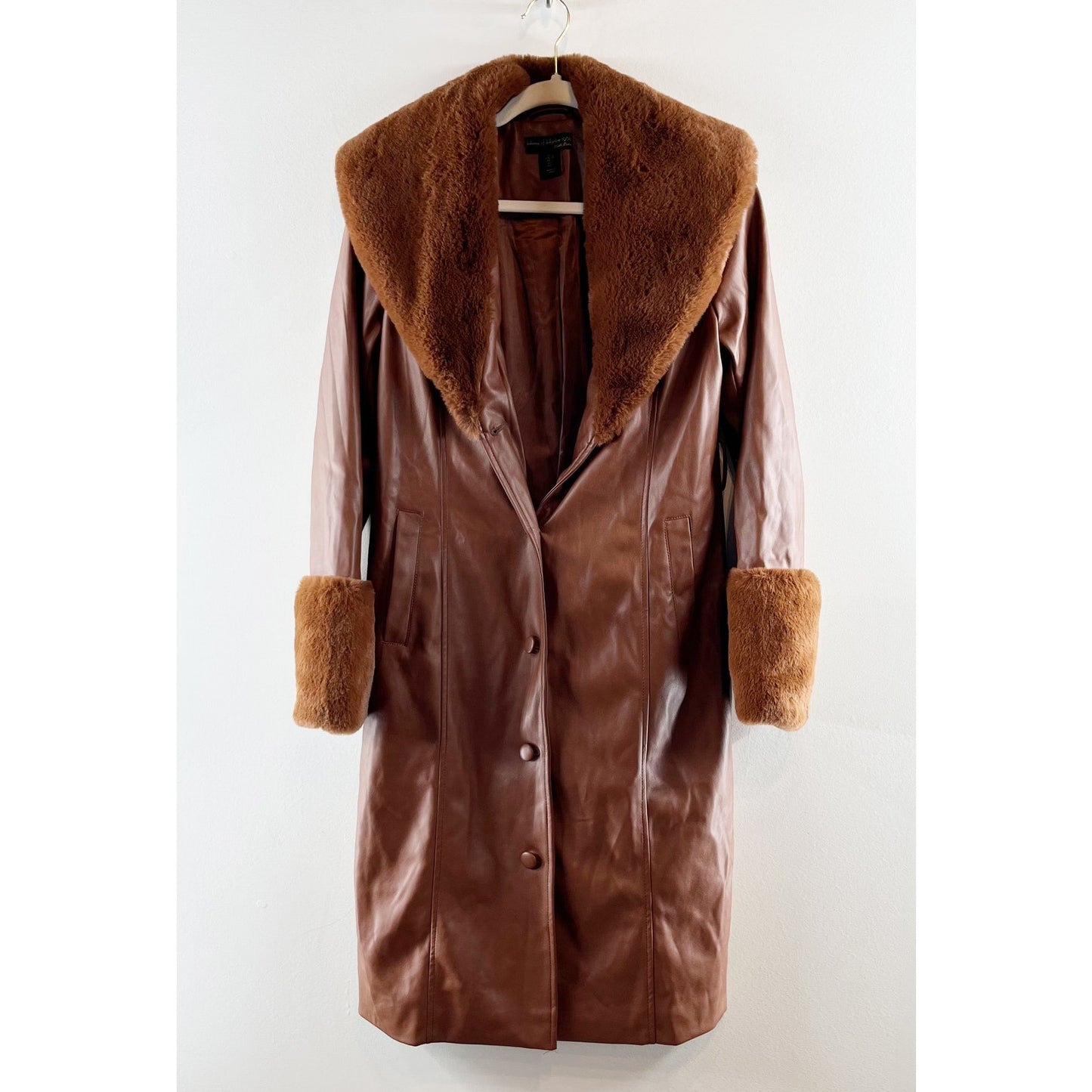 House of Harlow 1960 Faux Leather Trench Coat with Faux Fur Trim Brown Small