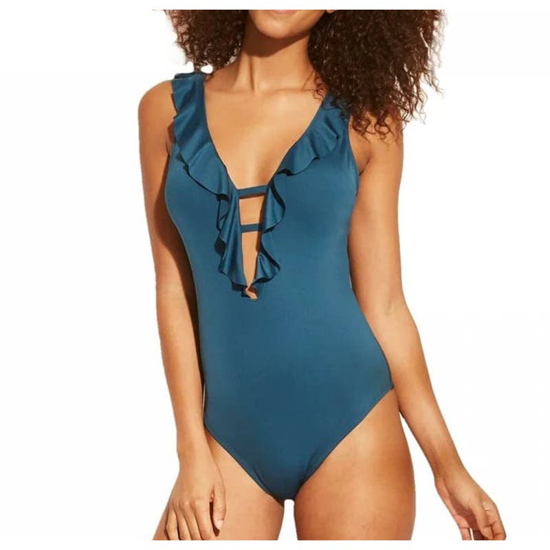 Shade & Shore Plunge One Piece Ruffle Trim Low Scoop Back Bathing Suit Blue M