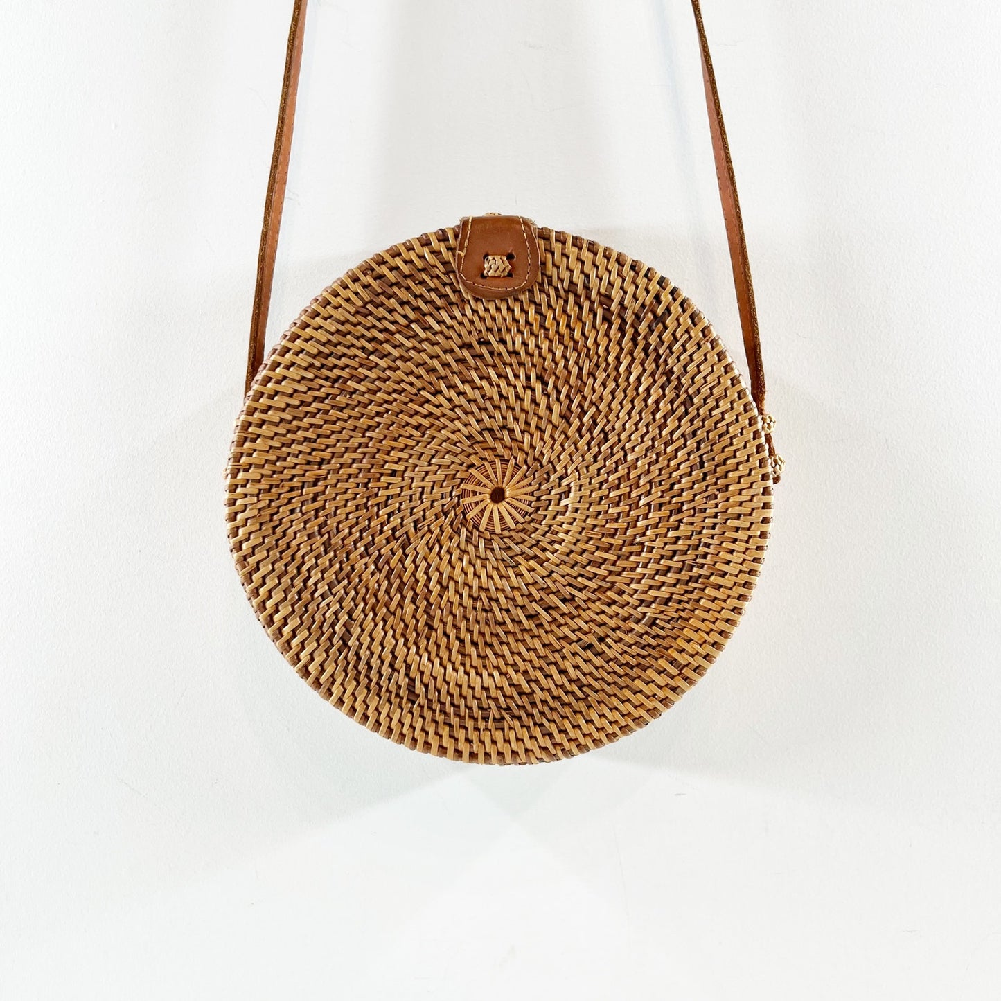 Circle Round Rattan Wicker Long Crossbody Bag Purse Brown