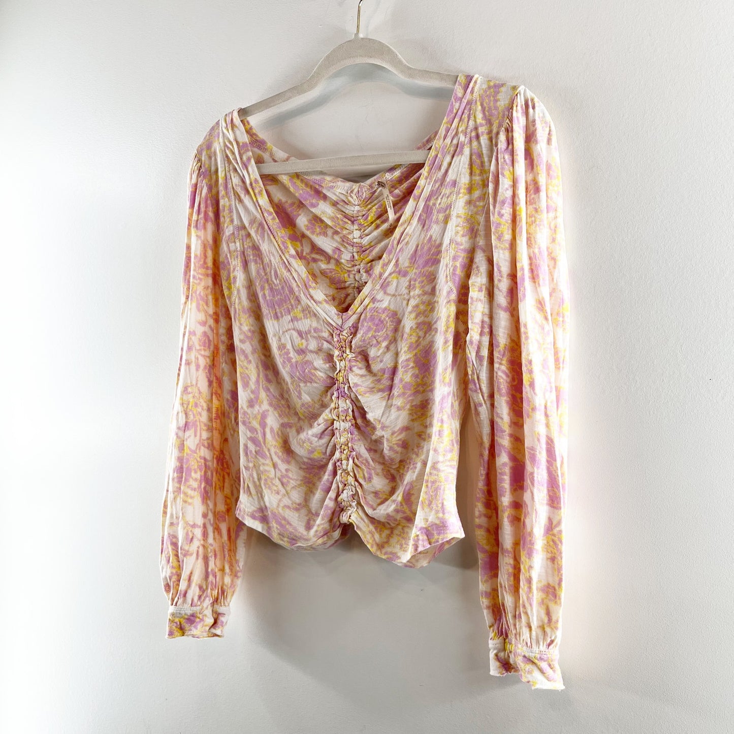 Free People Say The Word Ruched Floral Long Sleeve Top Pink Yellow Small