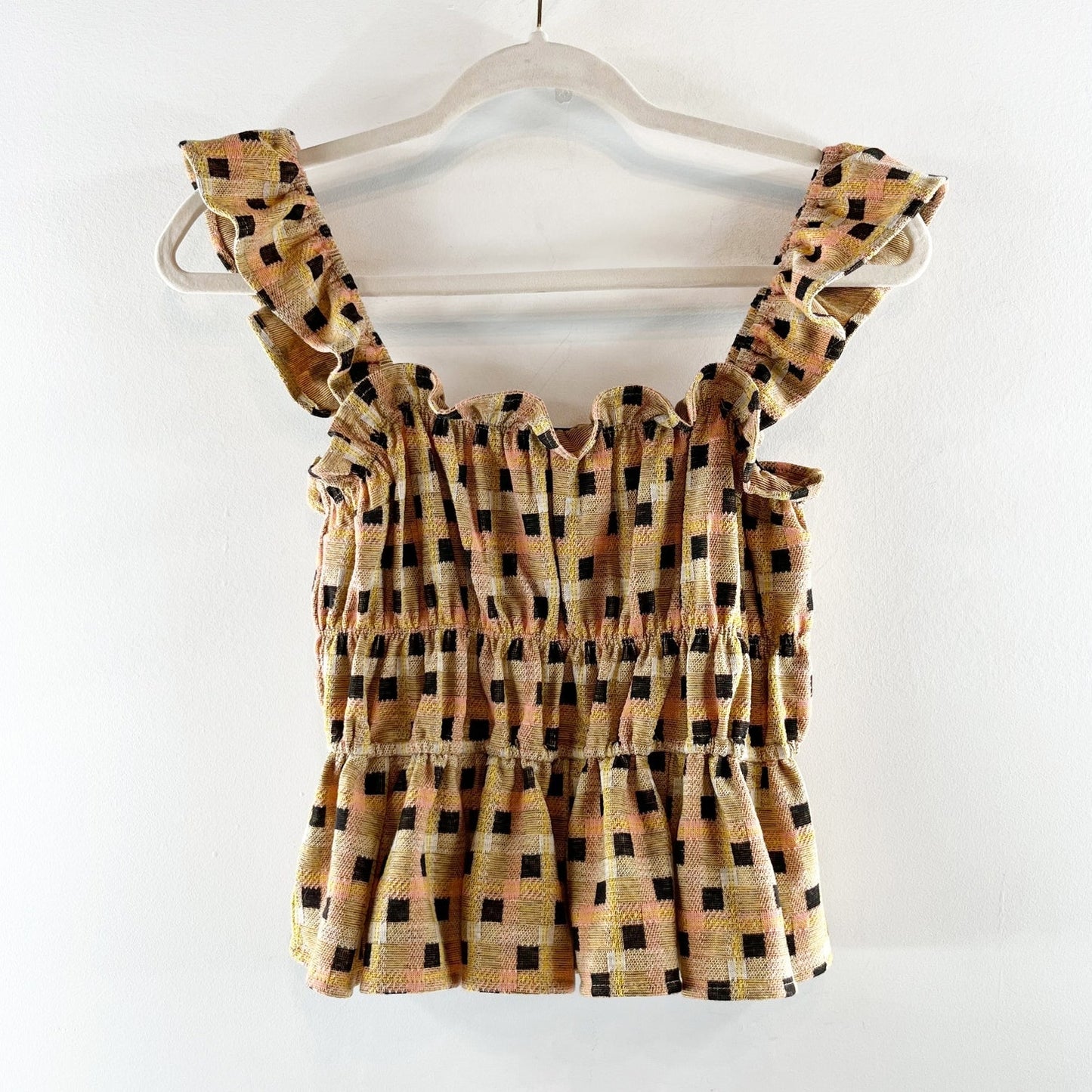 Anthropologie Eva Franco Ruffle Strap Check Peplum Tank Top Tan Black XS